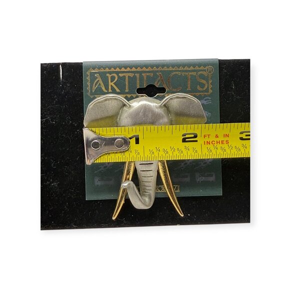 Artifacts JJ Elephant Head Brooch Pin Silver Gold Tone Tusks 3 in 1986 NEW Vtg - Picture 4 of 6